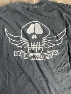 Vintage Stussy USA made pigment dyed Black Tshirt with White Skull Wings XXL